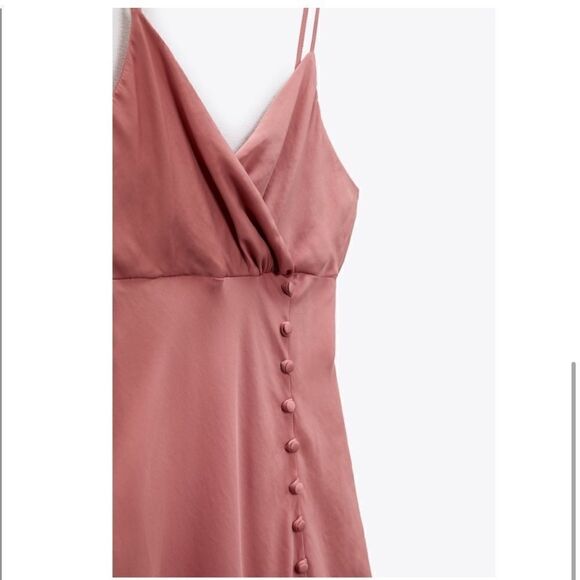 ZARA Silk Light Pink Midi Dress With Slit and buttons size medium - Picture 2 of 15